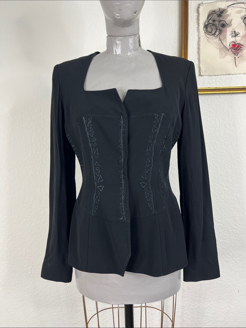 VTG 90's Mugler Embroidered Corset Square Cut Out Snap Tailored Blazer